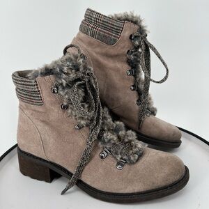 SAM EDELMAN DARRAH‎ SUEDE LACE UP CHUNKY BOOTIE WITH WOOL BLEND FAUX FUR
